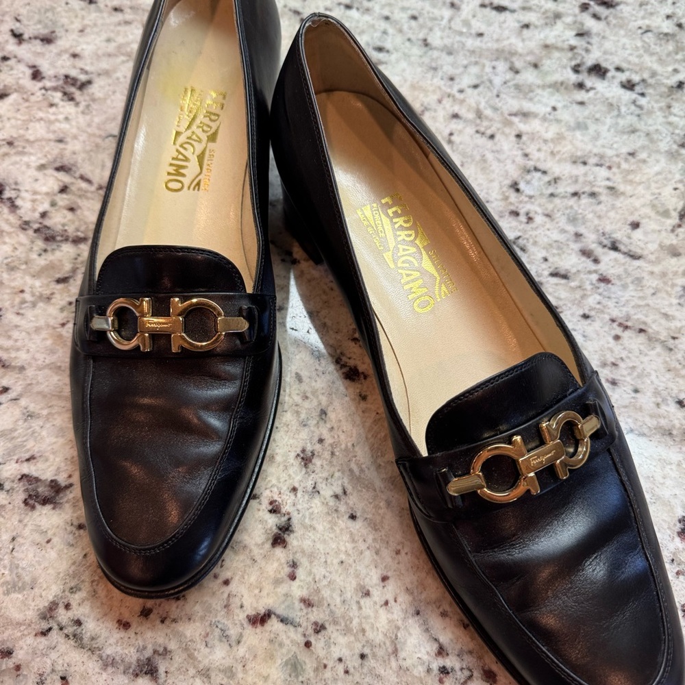 Salvatore Ferragamo Black Leather Flats with Gold Accent